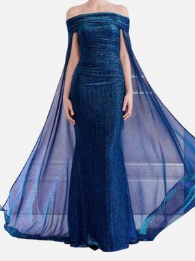 Talbot Runhof Women's Blue Off-Shoulder Draped Metallic Gown Dress Size 4